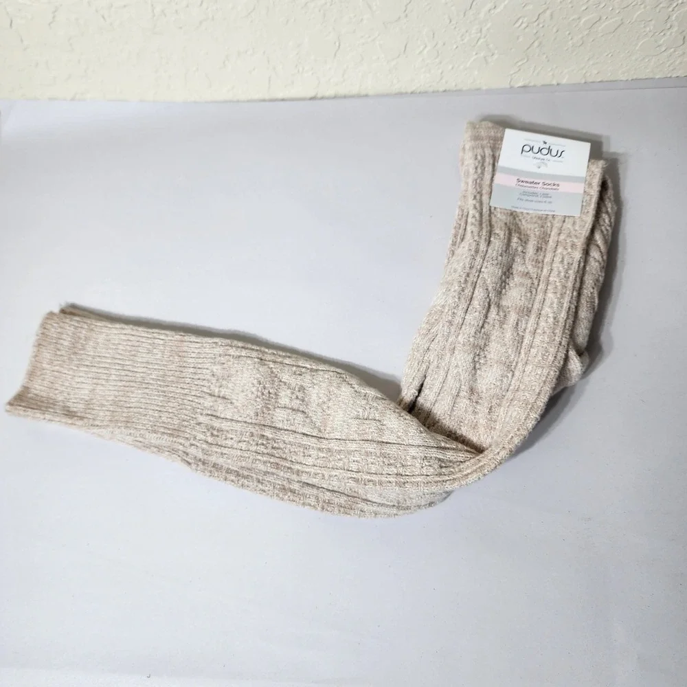 Pudus Lifestyle Co Womens Sweater Socks Tan Cable Knit Over The Knee Size 6-10